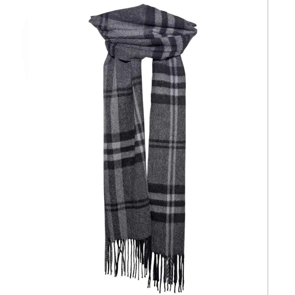 Enzo Montanavi 100% Cashmere Black Gray Plaid Fringe Scarf Natural Winter